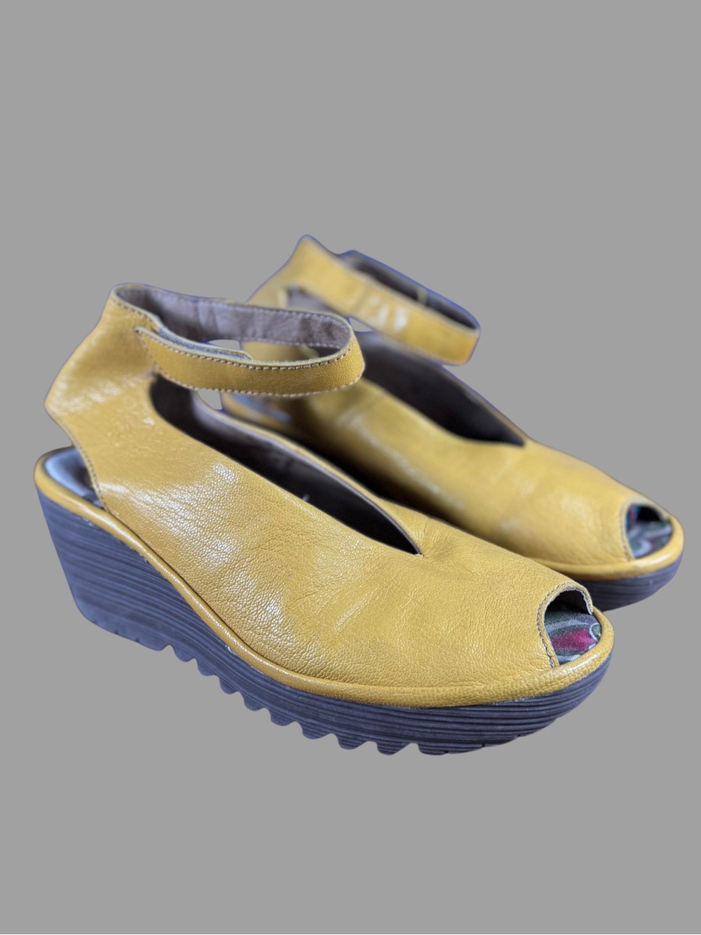 Fly London Women’s Yellow Leather Peep-Toe Wedge Sandals